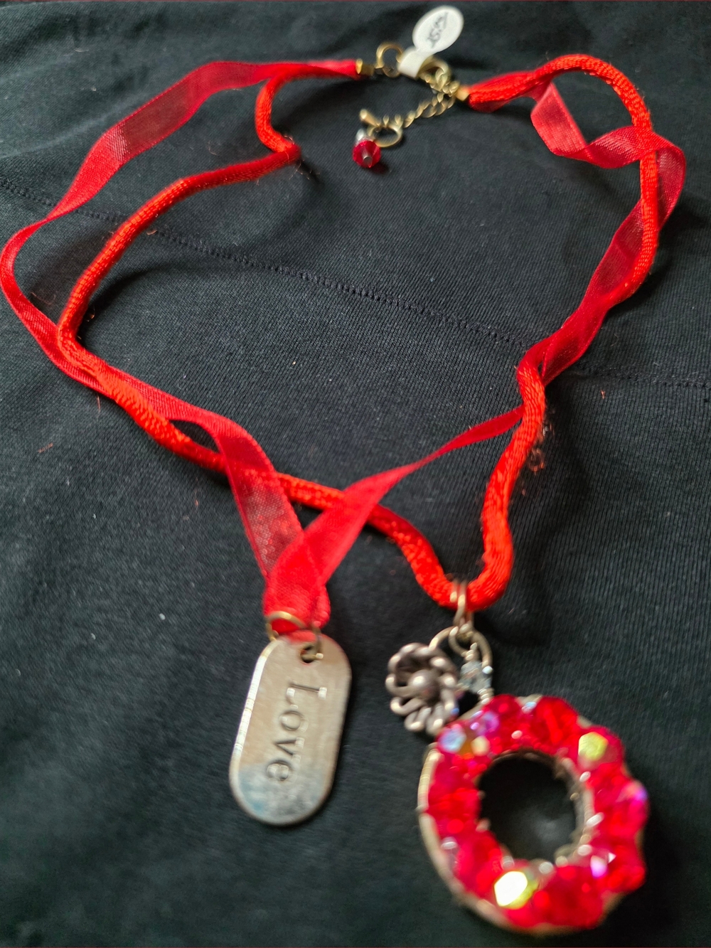 Red Crystal Wreath Pendant Necklace with 'Love' Tag